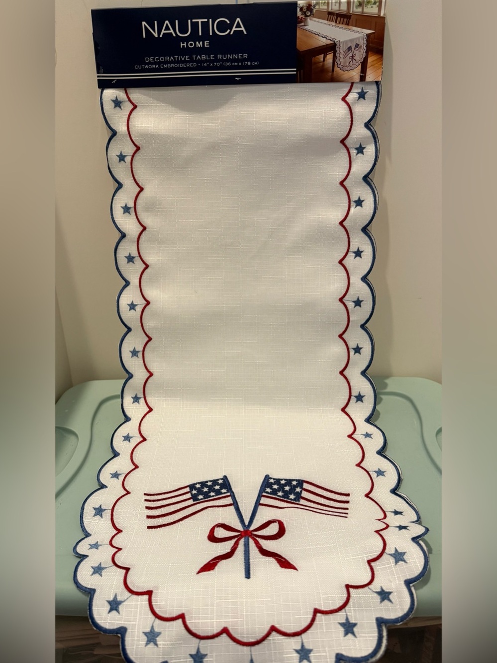 Pretty Nautica Patriotic Table Runner with Flags, Bow, and Stars- 14x70 in- NWT